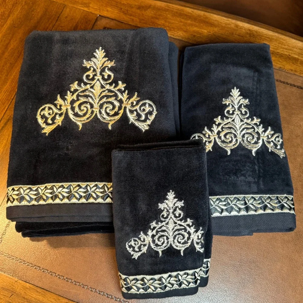 KassaFina‎ Black Gold Embroidered Towel Set 7pc Cotton Medallion Regal Luxury